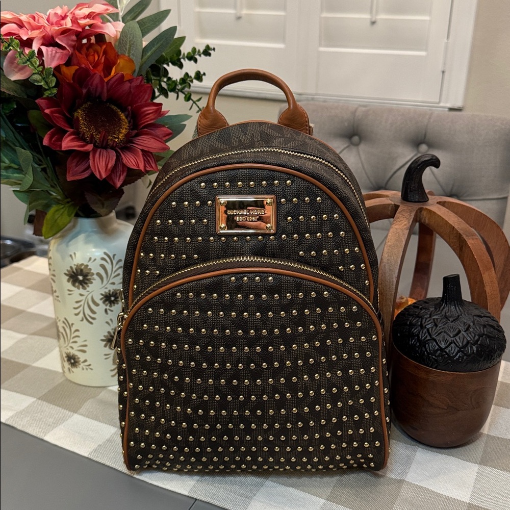 Michael Kors Jet Set Large Dark Brown Backpack with Gold Studs Signature